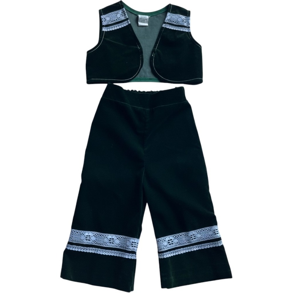 Vintage Aldens Kids Forest Green Velvet Lace Vest and Pants Set 2T Holiday 70s